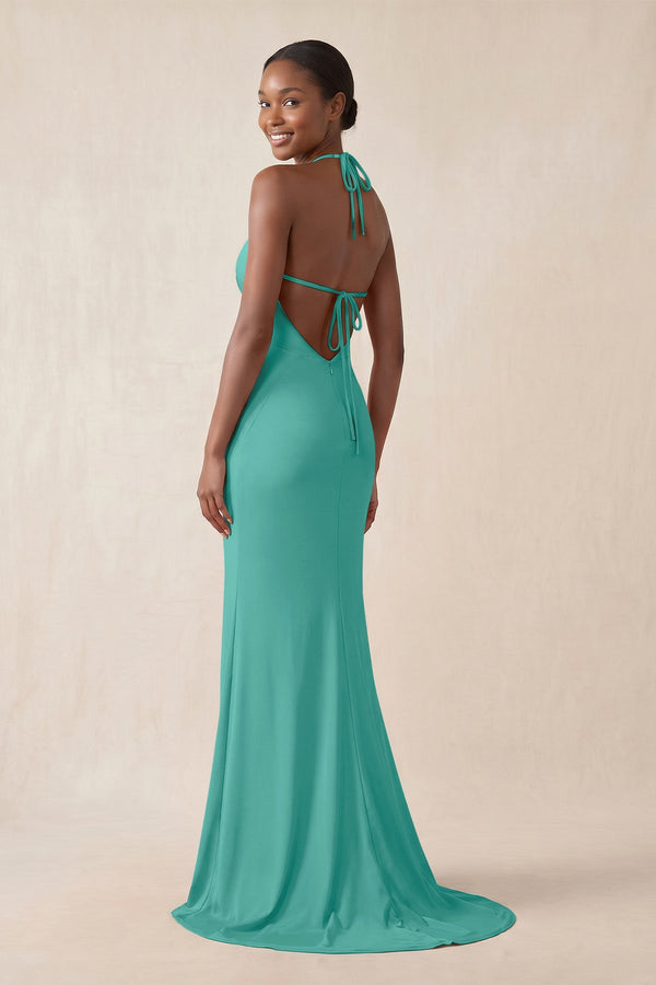 Mermaid V - Neck Satin Bridesmaid Dress With Slit in Sea Glass - KissProm Bridesmaid Dresses