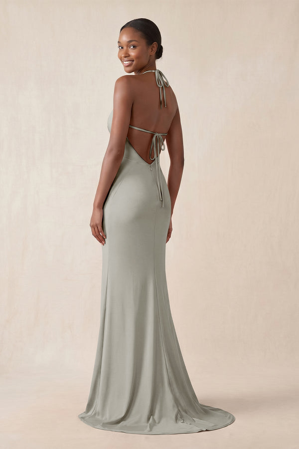 Mermaid V - Neck Satin Bridesmaid Dress With Slit in Silver - KissProm Bridesmaid Dresses