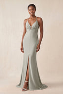 Mermaid V - Neck Satin Bridesmaid Dress With Slit in Silver - KissProm Bridesmaid Dresses