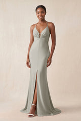 Mermaid V - Neck Satin Bridesmaid Dress With Slit in Silver - KissProm Bridesmaid Dresses