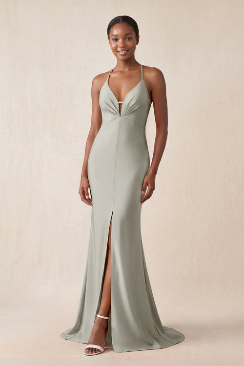 Mermaid V - Neck Satin Bridesmaid Dress With Slit in Silver - KissProm Bridesmaid Dresses