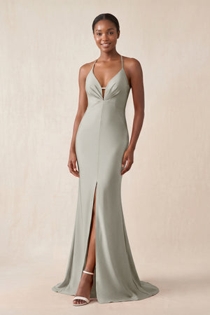 Mermaid V - Neck Satin Bridesmaid Dress With Slit in Silver - KissProm Bridesmaid Dresses