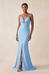 Mermaid V - Neck Satin Bridesmaid Dress With Slit in Sky Blue - KissProm Bridesmaid Dresses
