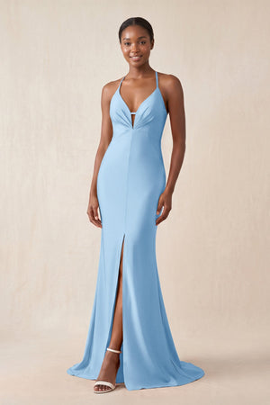 Mermaid V - Neck Satin Bridesmaid Dress With Slit in Sky Blue - KissProm Bridesmaid Dresses