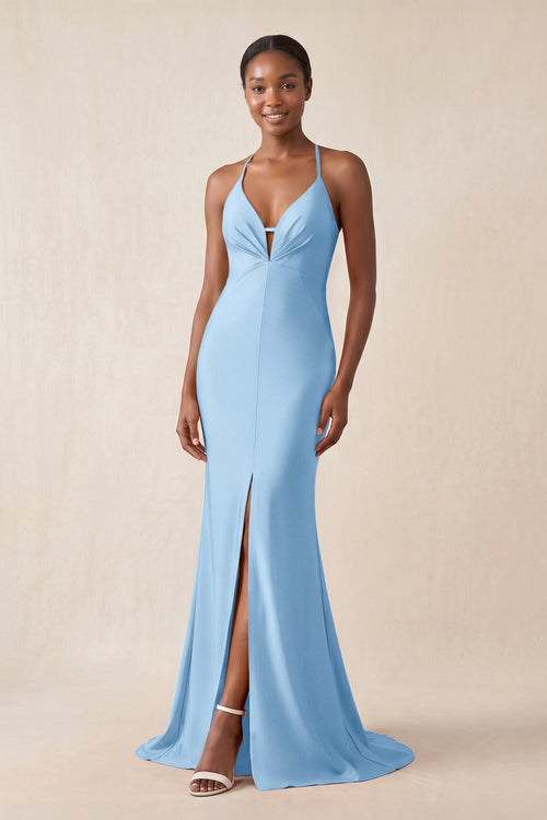 Mermaid V - Neck Satin Bridesmaid Dress With Slit in Sky Blue - KissProm Bridesmaid Dresses