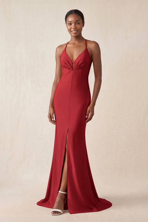 Mermaid V - Neck Satin Bridesmaid Dress With Slit in Spice - KissProm Bridesmaid Dresses