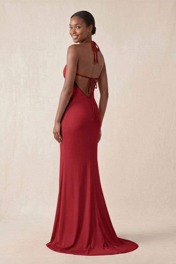 Mermaid V - Neck Satin Bridesmaid Dress With Slit in Spice - KissProm Bridesmaid Dresses