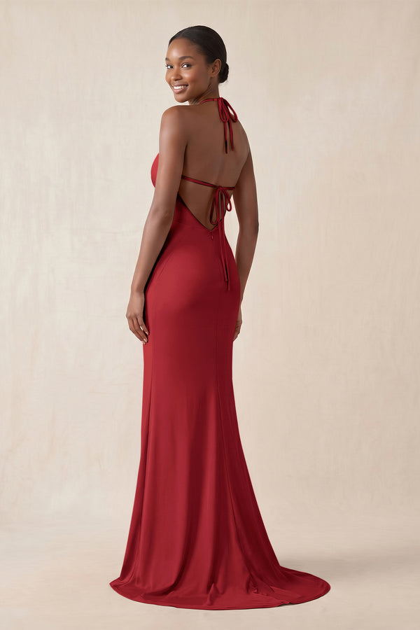Mermaid V - Neck Satin Bridesmaid Dress With Slit in Spice - KissProm Bridesmaid Dresses