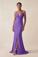 Mermaid V - Neck Satin Bridesmaid Dress With Slit in Tahiti - KissProm Bridesmaid Dresses