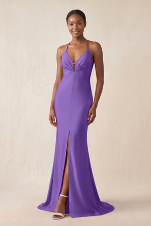 Mermaid V - Neck Satin Bridesmaid Dress With Slit in Tahiti - KissProm Bridesmaid Dresses
