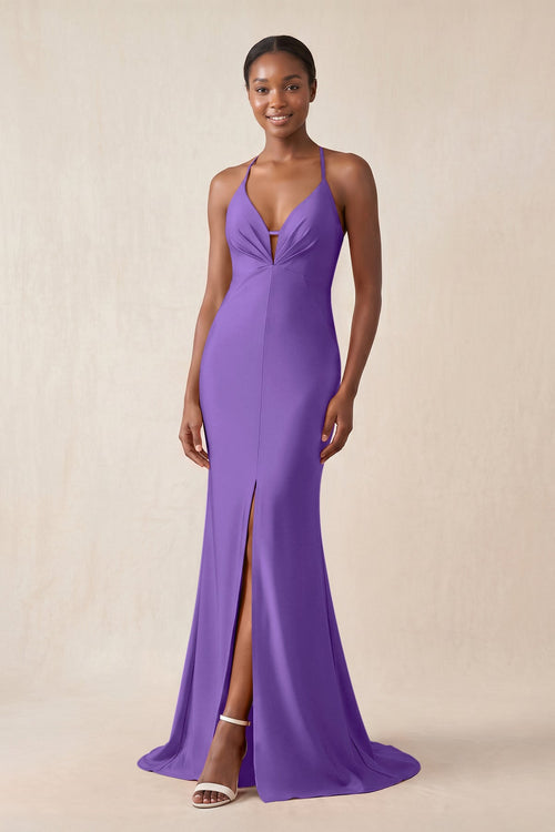 Mermaid V - Neck Satin Bridesmaid Dress With Slit in Tahiti - KissProm Bridesmaid Dresses