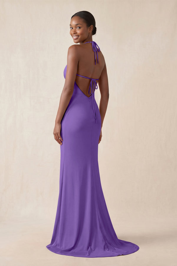 Mermaid V - Neck Satin Bridesmaid Dress With Slit in Tahiti - KissProm Bridesmaid Dresses