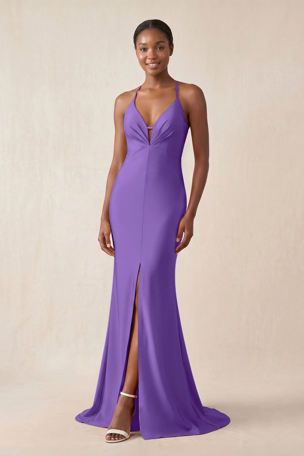 Mermaid V - Neck Satin Bridesmaid Dress With Slit in Tahiti - KissProm Bridesmaid Dresses