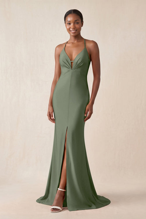 Mermaid V - Neck Satin Bridesmaid Dress With Slit in Thyme - KissProm Bridesmaid Dresses