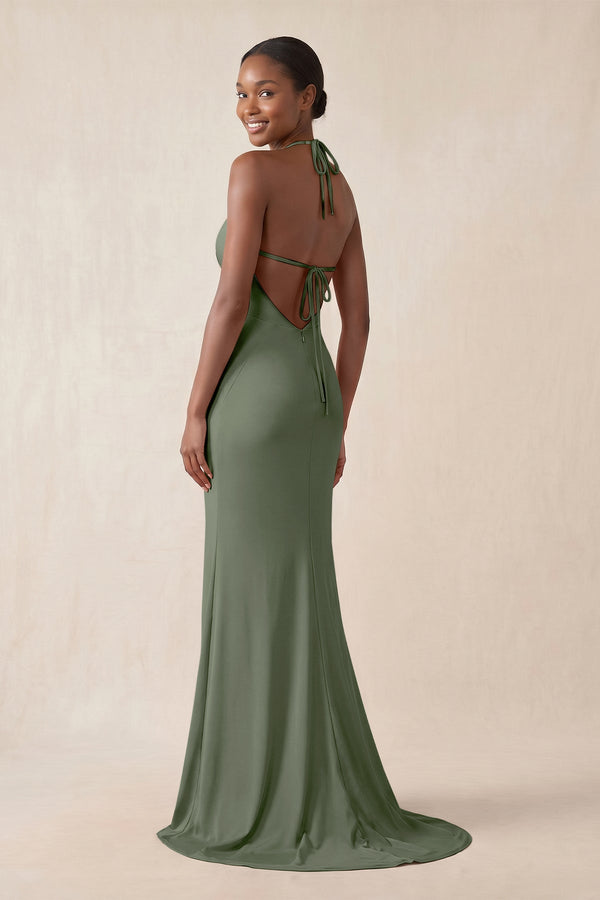 Mermaid V - Neck Satin Bridesmaid Dress With Slit in Thyme - KissProm Bridesmaid Dresses
