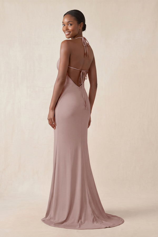 Mermaid V - Neck Satin Bridesmaid Dress With Slit in Toffee - KissProm Bridesmaid Dresses
