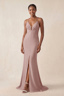 Mermaid V - Neck Satin Bridesmaid Dress With Slit in Toffee - KissProm Bridesmaid Dresses