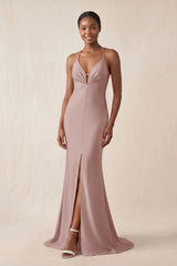 Mermaid V - Neck Satin Bridesmaid Dress With Slit in Toffee - KissProm Bridesmaid Dresses