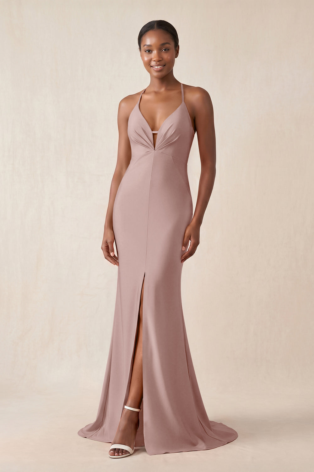 Mermaid V - Neck Satin Bridesmaid Dress With Slit in Toffee - KissProm Bridesmaid Dresses