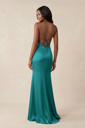 Mermaid V - Neck Satin Bridesmaid Dress With Slit in Turquoise - KissProm Bridesmaid Dresses