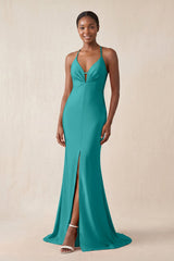 Mermaid V - Neck Satin Bridesmaid Dress With Slit in Turquoise - KissProm Bridesmaid Dresses