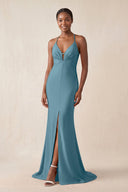 Mermaid V - Neck Satin Bridesmaid Dress With Slit in Twilight - KissProm Bridesmaid Dresses