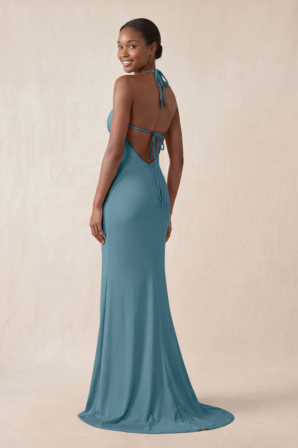 Mermaid V - Neck Satin Bridesmaid Dress With Slit in Twilight - KissProm Bridesmaid Dresses