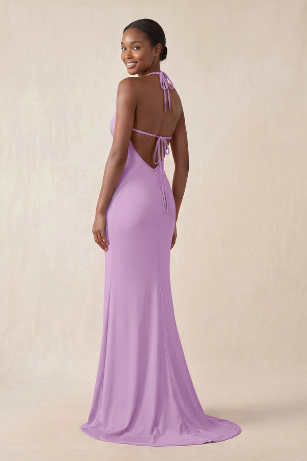 Mermaid V - Neck Satin Bridesmaid Dress With Slit in Vintage Mauve - KissProm Bridesmaid Dresses