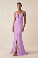Mermaid V - Neck Satin Bridesmaid Dress With Slit in Vintage Mauve - KissProm Bridesmaid Dresses
