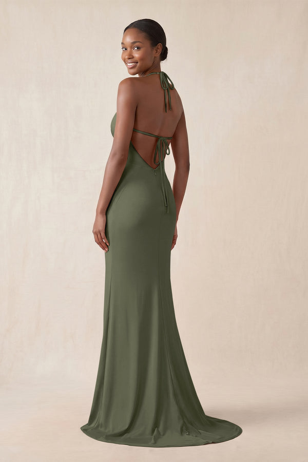 Mermaid V - Neck Satin Bridesmaid Dress With Slit in Willow Green - KissProm Bridesmaid Dresses