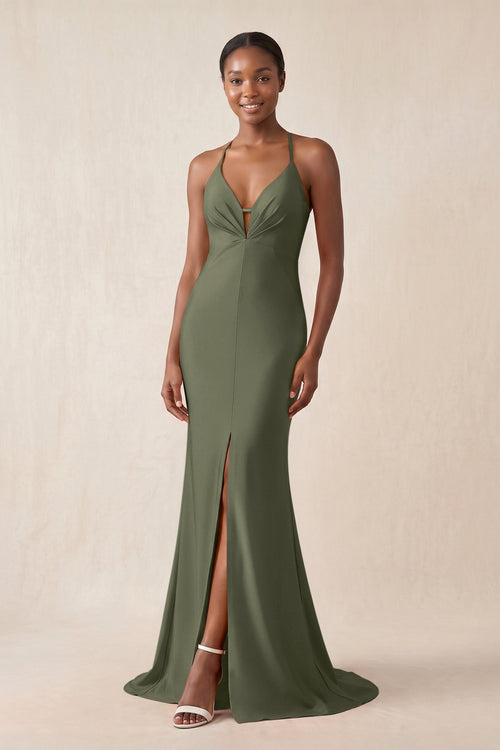 Mermaid V - Neck Satin Bridesmaid Dress With Slit in Willow Green - KissProm Bridesmaid Dresses