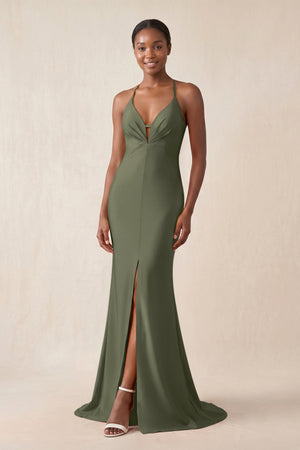 Mermaid V - Neck Satin Bridesmaid Dress With Slit in Willow Green - KissProm Bridesmaid Dresses