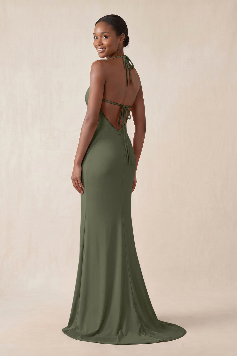 Mermaid V - Neck Satin Bridesmaid Dress With Slit in Willow Green - KissProm Bridesmaid Dresses