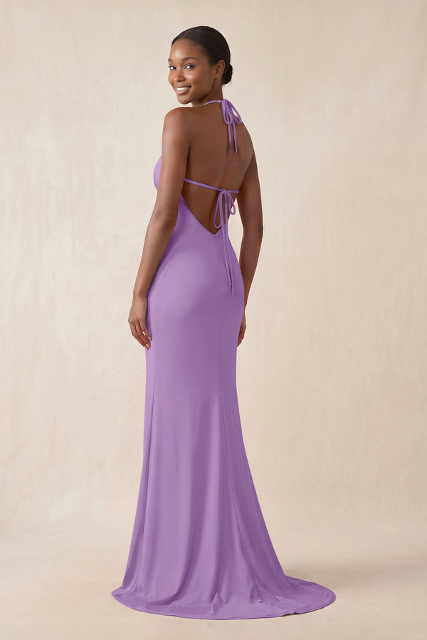 Mermaid V - Neck Satin Bridesmaid Dress With Slit in Wisteria - KissProm Bridesmaid Dresses
