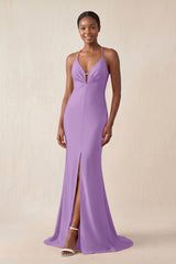 Mermaid V - Neck Satin Bridesmaid Dress With Slit in Wisteria - KissProm Bridesmaid Dresses