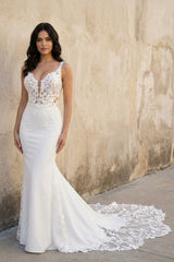 Sexy Satin V-Neck Spaghetti Straps Illusion Lace Applique With Lace Train Wedding Dress