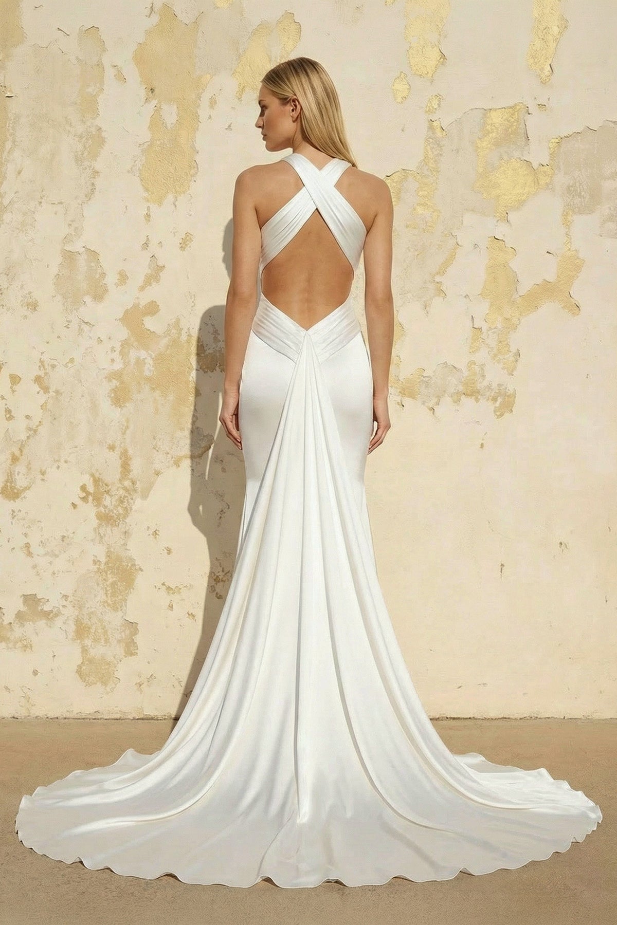 KissProm Mermaid V-Neck Sleeveless Sweep Train Silk Like Satin Wedding Dresses, Diamond White / 16