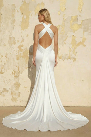 Mermaid V-Neck Sleeveless Sweep Train Silk Like Satin Wedding Dresses – Wedding Dresses by Kissprom | Available at KissProm