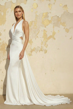 Mermaid V-Neck Sleeveless Sweep Train Silk Like Satin Wedding Dresses – Wedding Dresses by Kissprom | Available at KissProm