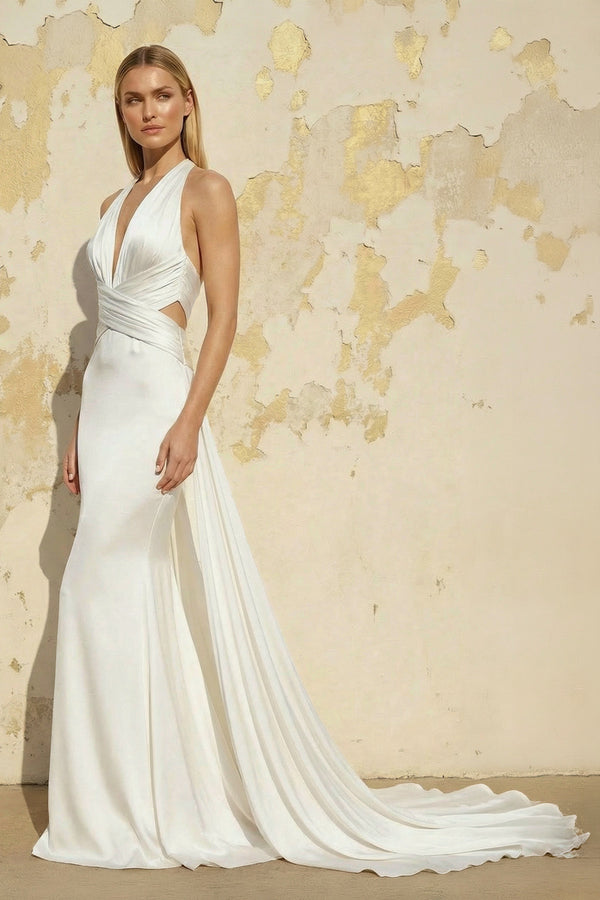 Mermaid V-Neck Sleeveless Sweep Train Silk Like Satin Wedding Dresses – Wedding Dresses by Kissprom | Available at KissProm