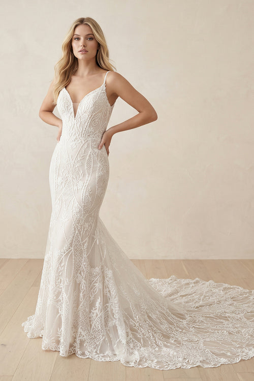 Paulina | Mermaid V-Neck Spaghetti Straps Sweep Train Lace Wedding Dress – Wedding Dresses by KissProm | Available at KissProm