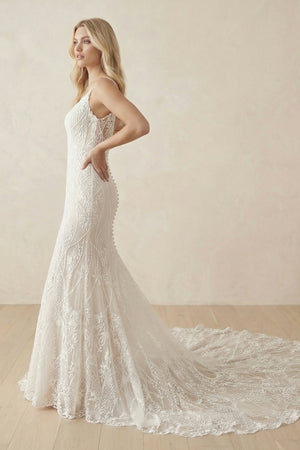 Paulina | Mermaid V-Neck Spaghetti Straps Sweep Train Lace Wedding Dress – Wedding Dresses by KissProm | Available at KissProm