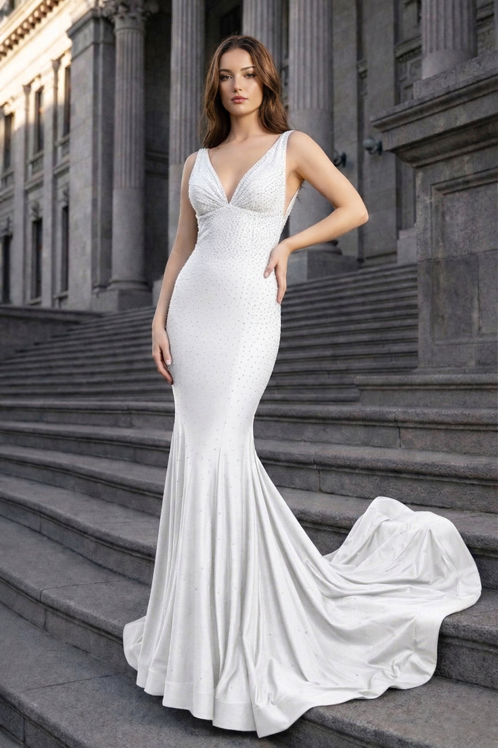 KissProm Mermaid Deep V-Neck Beaded Satin Long Prom Dress, White / 2