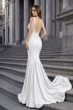 Mermaid Deep V-Neck Beaded Satin Long Prom Dress - KISSPROM PROM DRESSES
