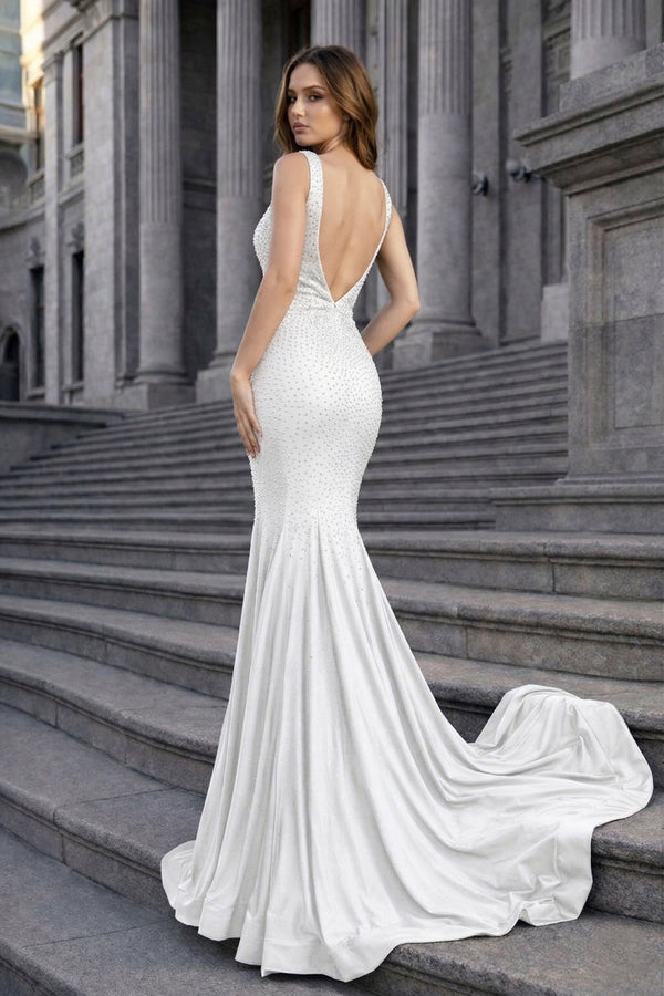Mermaid Deep V-Neck Beaded Satin Long Prom Dress - KISSPROM PROM DRESSES