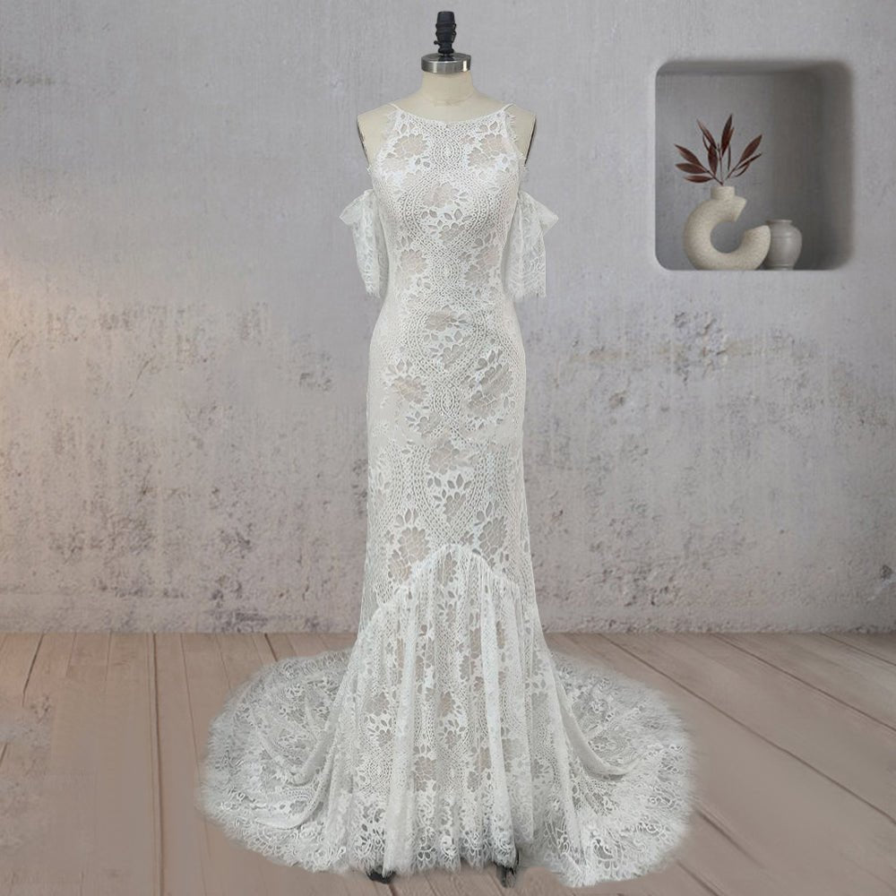 Mermaid White Halter Neck Lace Wedding Dress - KissProm