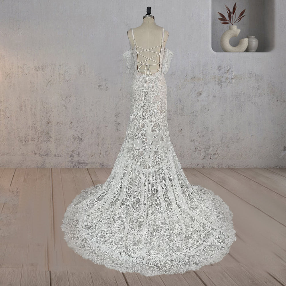 Mermaid White Halter Neck Lace Wedding Dress - KissProm