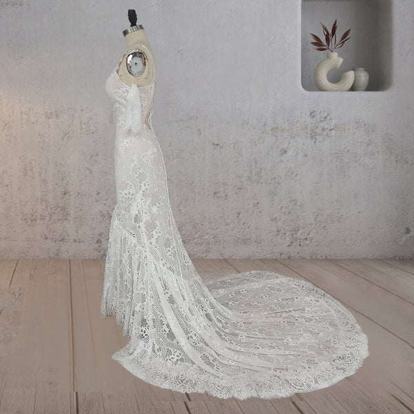 Mermaid White Halter Neck Lace Wedding Dress Black / 14