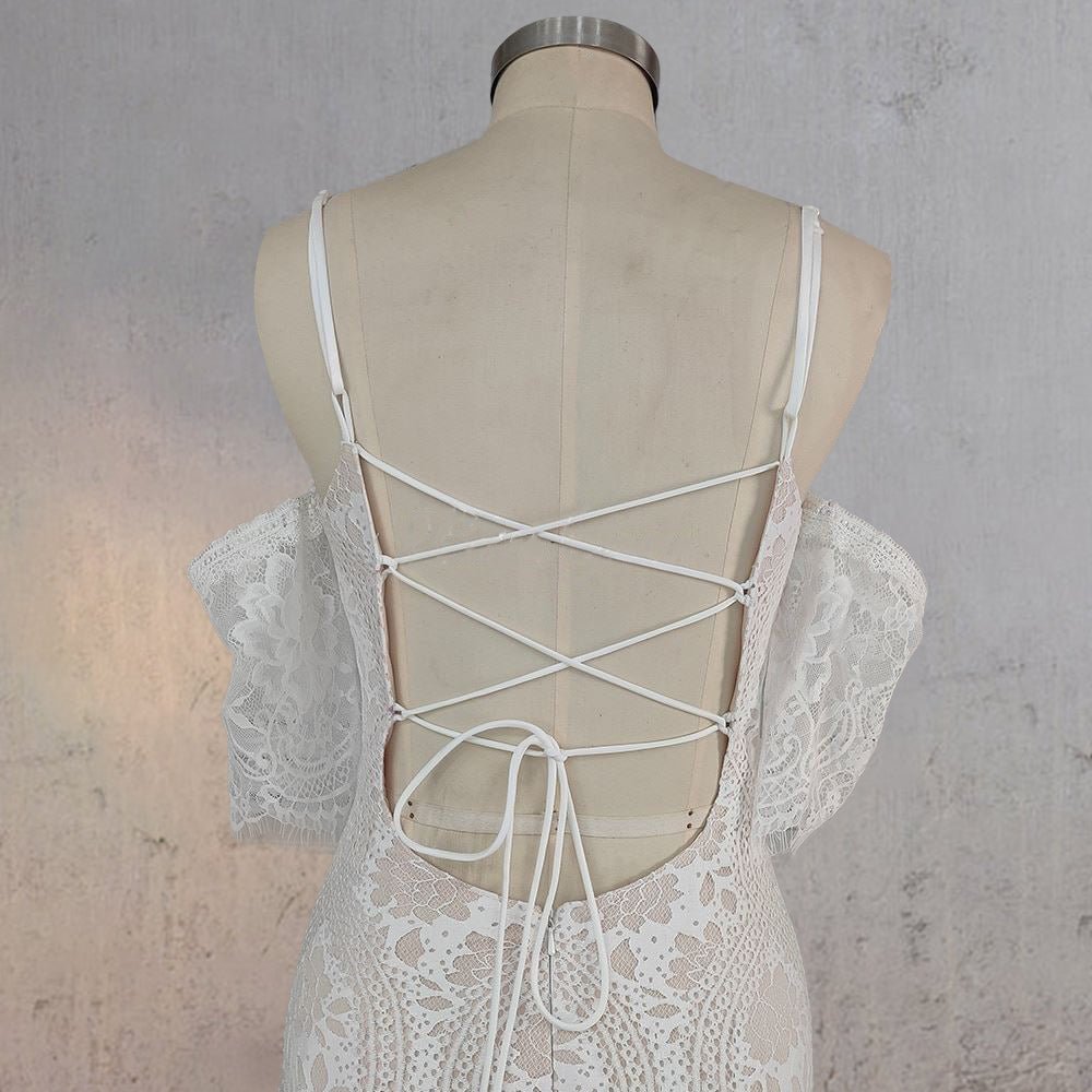 Mermaid White Halter Neck Lace Wedding Dress - KissProm