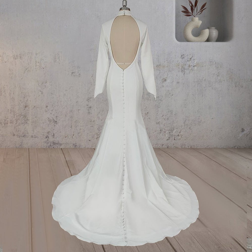KissProm Mermaid White Open Back High Neck Wedding Dress, Diamond White / 22